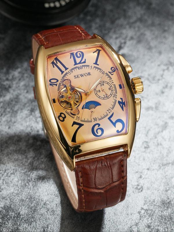 Men's Luxury Automatic Mechanical Watch, Luminous PU Leather Strap Fashion Watches, Two Buttons Only Decoration Not Work