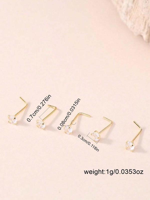 Rhinestone Decorated Nose Studs (5pcs), L-shaped Nose Ring for Women & Men, Fashion Jewelry for Party, Daily Clothing Decor, Birthday Gift