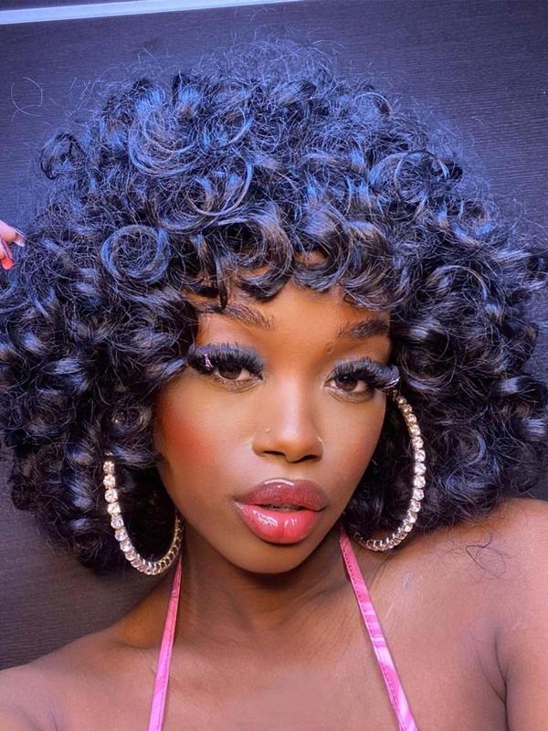 14 Inch Short Curly Wigs for Black Women, Gorgeous Fluffy Wigs with Bangs, Synthetic Full Machine Wigs for Party, Daily Use