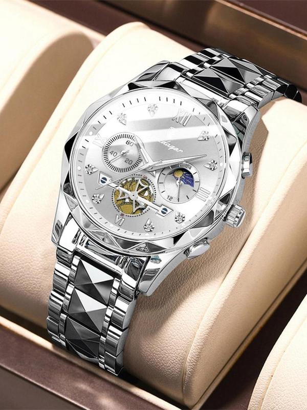 Men's Business Round Dial Stainless Steel Strap Quartz Watch with Box