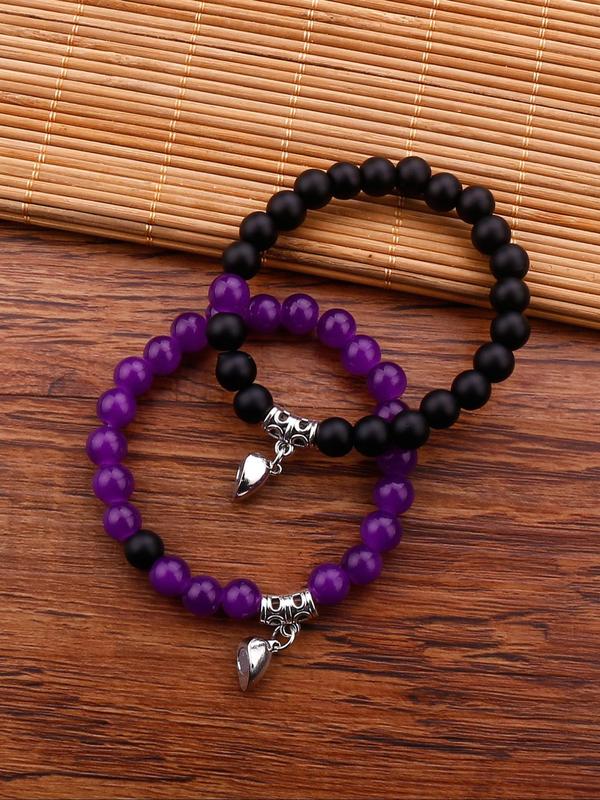 2pcs set Fashion Magnet Heart Charm Beaded Couple Bracelets for Boyfriend and Girlfriend, Colorblock Casual Matching Bracelets Kit for Women & Men, Jewelry for Daily Decoration