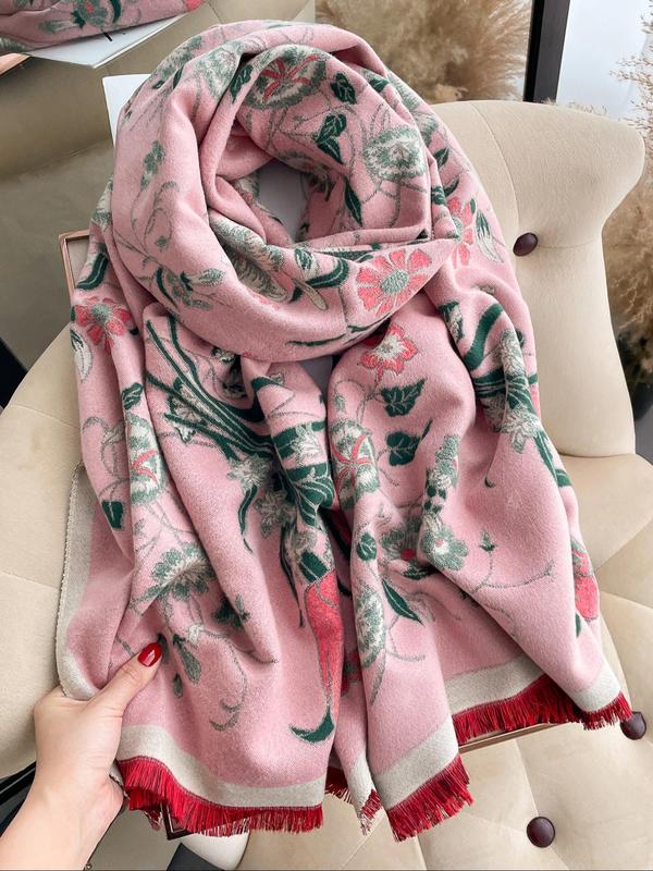 Floral Print Fringe Trim Design Scarf, Casual Soft Warm Shawl for Fall & Winter, Fashion Accessories for Women & Girls