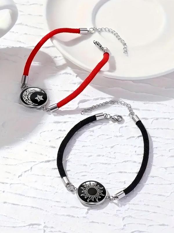 Luminous Sun & Moon Star Decor Bracelets with Rose Gift Box, Fashion Braided Design Bracelets for Women & Men, Trendy All-match & Exquisite Jewelry for Birthday Gift