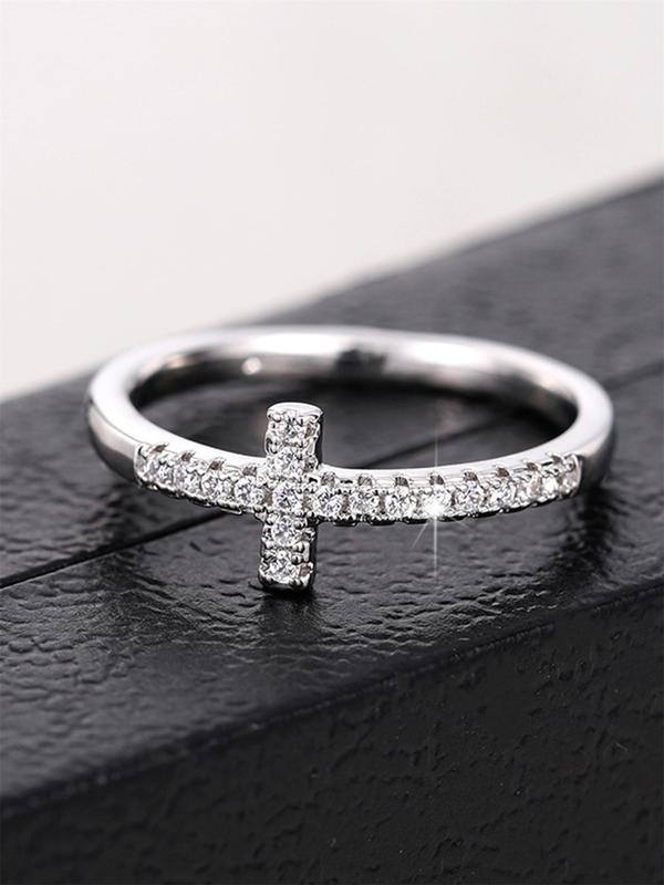 Women's Elegant Rhinestone Decor Cross Design Promise Wedding Ring for Gift, Trendy Exquisite Engagement Ring, Chic Luxury Jewelry As Gift for Girlfriend