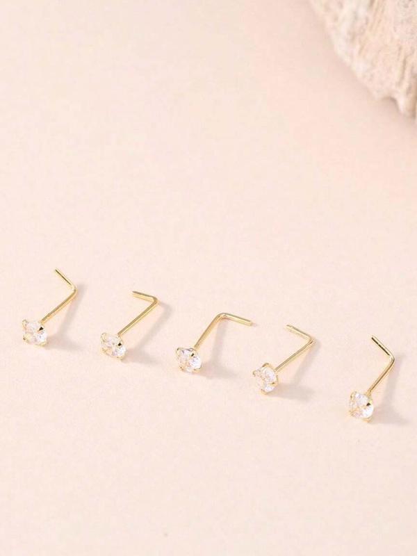 Rhinestone Decorated Nose Studs (5pcs), L-shaped Nose Ring for Women & Men, Fashion Jewelry for Party, Daily Clothing Decor, Birthday Gift