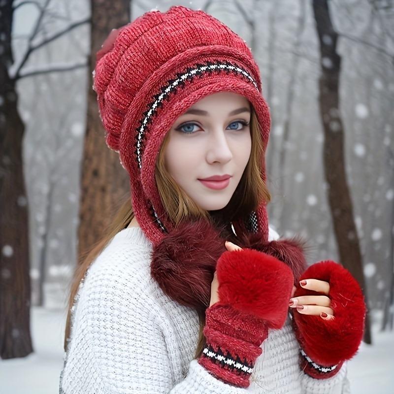 2pcs Elegant Gloves Beanie Set Winter Coldproof Earmuffs Hat Thick Knitted Hat Beanie Fashionable Knitted Fingerless Gloves Fashionable Cold Weather Accessories for Women Daily Use