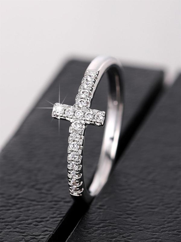 Women's Elegant Rhinestone Decor Cross Design Promise Wedding Ring for Gift, Trendy Exquisite Engagement Ring, Chic Luxury Jewelry As Gift for Girlfriend