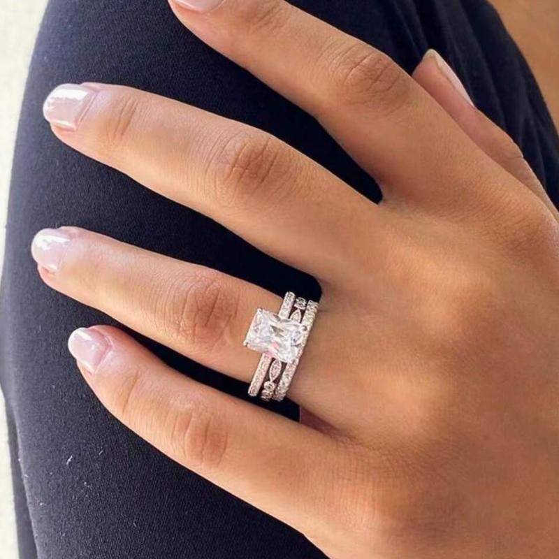 Fashionable Elegant Three-Piece Square Ring Set for Women, Used as Wedding Ring, Engagement Ring, Jewelry Gift for Girlfriend