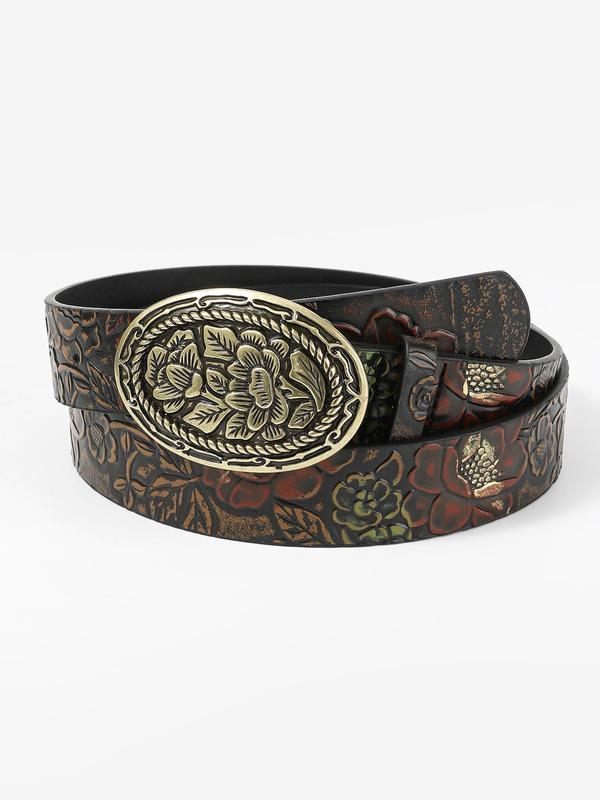 Fashion Floral Embossed PU Buckle Belt, Boho Style Decorative Cowboy Belt for Women, Fashion Accessories for Beach Vacation Holiday