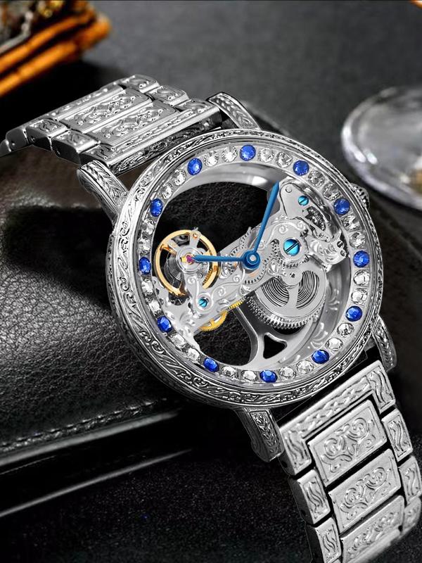 Men's Business Fashion Hollow Out Rhinestone Decorated Mechanical Watch, Fashion Watch for Party, Daily Clothing Decor, Trendy All-match & Exquisite Watch for Gift with Box