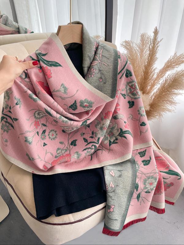 Floral Print Fringe Trim Design Scarf, Casual Soft Warm Shawl for Fall & Winter, Fashion Accessories for Women & Girls