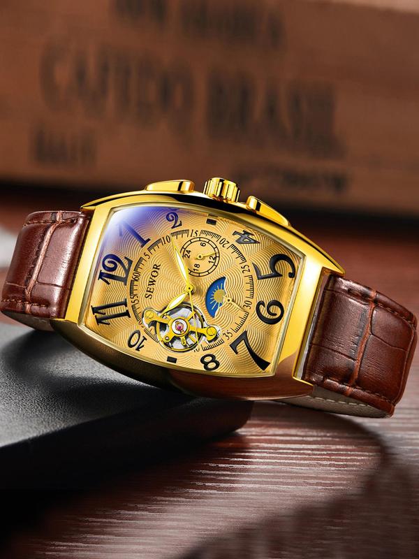 Men's Luxury Automatic Mechanical Watch, Luminous PU Leather Strap Fashion Watches, Two Buttons Only Decoration Not Work