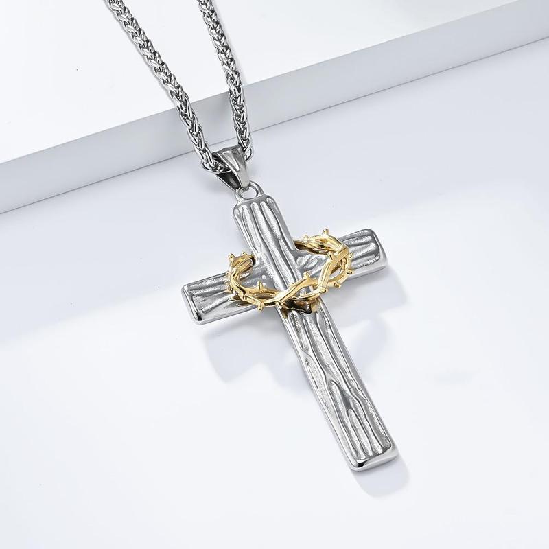 Retro titanium steel wreath cross necklace two-tone wood grain stainless steel prayer pendant literary cold jewelry Titanium Steel