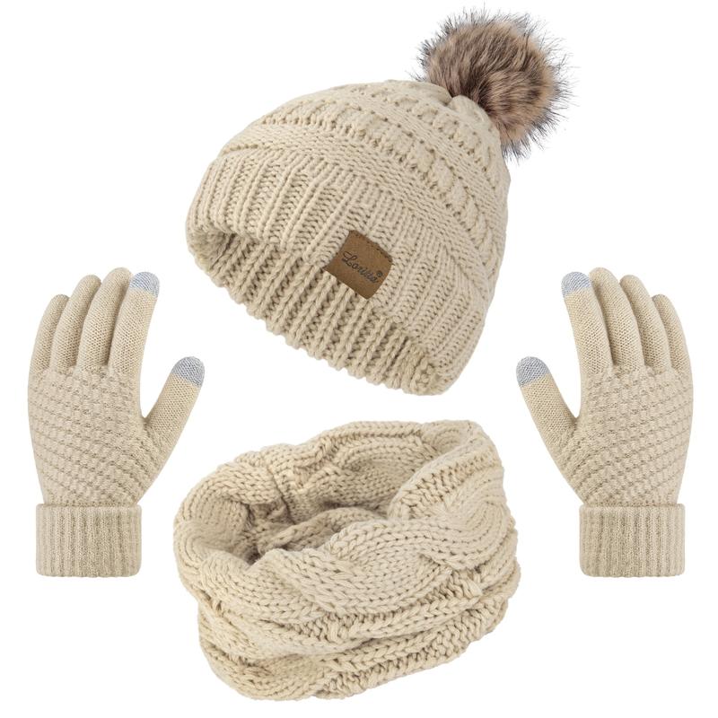 3 Pcs Women Winter Hat and Gloves Sets, Beanies Knit Classic Neck Warmer and Touchscreen Gloves Beige