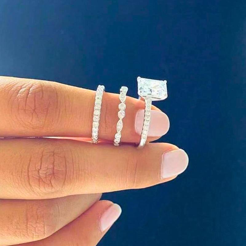 Fashionable Elegant Three-Piece Square Ring Set for Women, Used as Wedding Ring, Engagement Ring, Jewelry Gift for Girlfriend