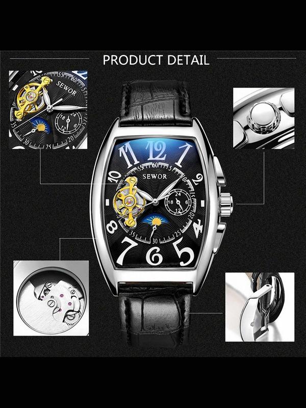 Men's Luxury Automatic Mechanical Watch, Luminous PU Leather Strap Fashion Watches, Two Buttons Only Decoration Not Work