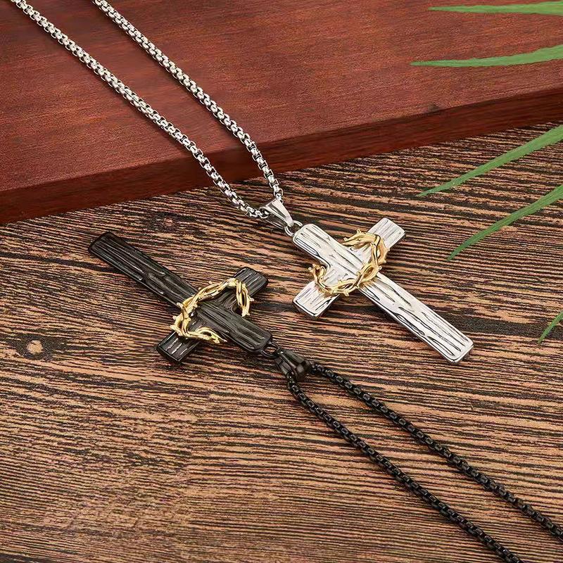 Retro titanium steel wreath cross necklace two-tone wood grain stainless steel prayer pendant literary cold jewelry Titanium Steel