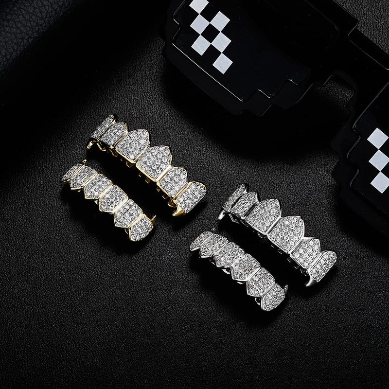 Free one！Upgrade your smile with style: Punk-style tooth grill with cubic zirconia - a dazzling top and bottom setting「Above and below Upper teeth + lower teeth 」