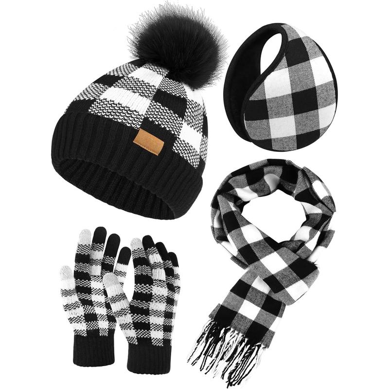 Beanie Hat Scarf Gloves 4 in 1 Winter Set Knitted Scarf Hat Touch Screen Gloves and Winter Ear Warmer Gifts for Unisex