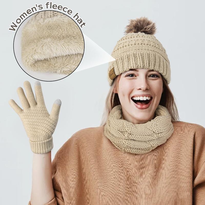 3 Pcs Women Winter Hat and Gloves Sets, Beanies Knit Classic Neck Warmer and Touchscreen Gloves Beige