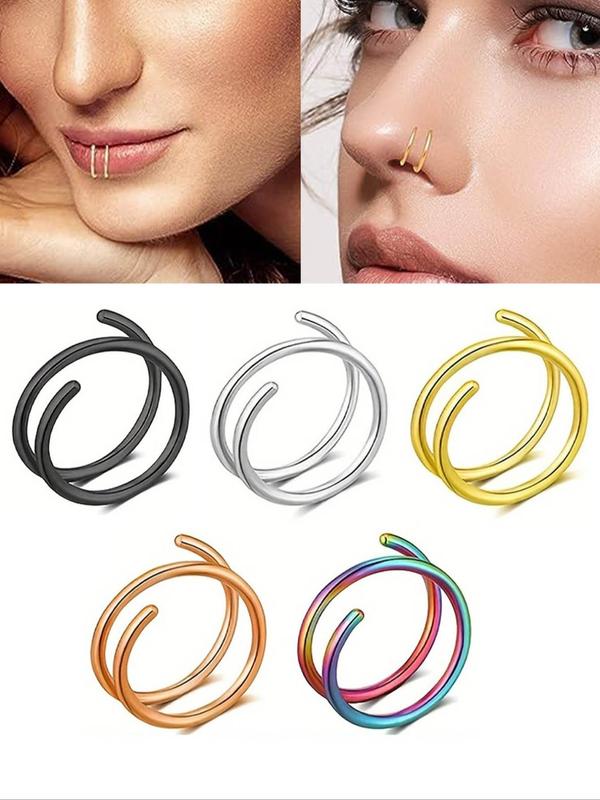 Stainless Steel Double Helix Nose Ring (5pcs set), Geometric Design Nose Ring, Fashionable and Versatile Body Jewelry for Women and Men, Elegant All-match Fashion Accessories for Daily Wear