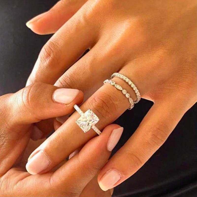 Fashionable Elegant Three-Piece Square Ring Set for Women, Used as Wedding Ring, Engagement Ring, Jewelry Gift for Girlfriend