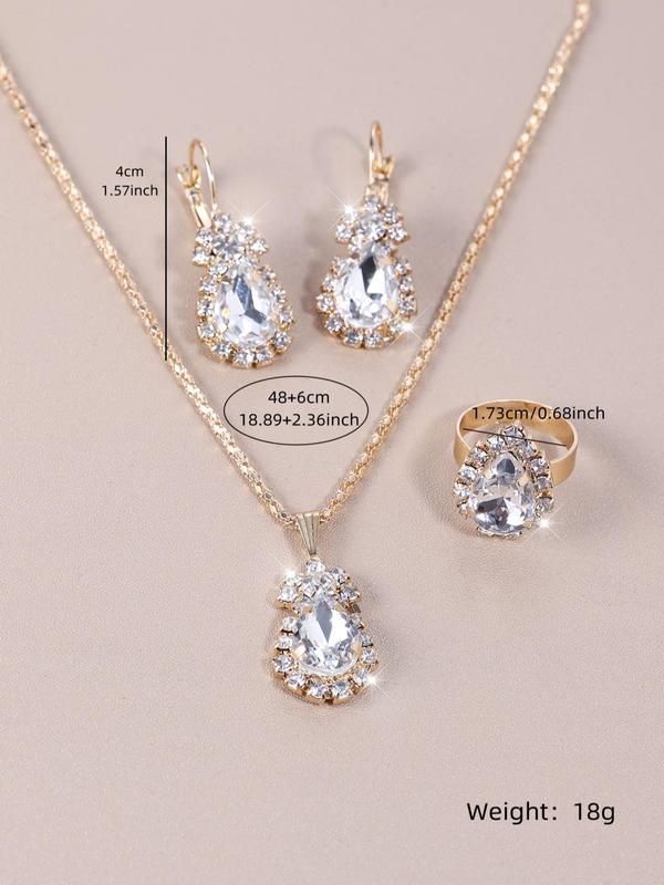 Minimalist Elegant Rhinestone Decorated Jewelry Set, 4pcs set Temperament Water Drop Design Jewelry Set Including Pendant Necklace, Stud Earrings, Ring, Fashion Accessories for Women