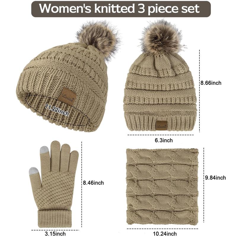 3 Pcs Women Winter Hat and Gloves Sets, Beanies Knit Classic Neck Warmer and Touchscreen Gloves Beige