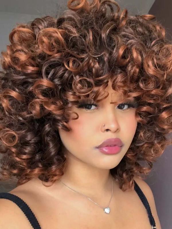 14 Inch Short Curly Wigs for Black Women, Gorgeous Fluffy Wigs with Bangs, Synthetic Full Machine Wigs for Party, Daily Use