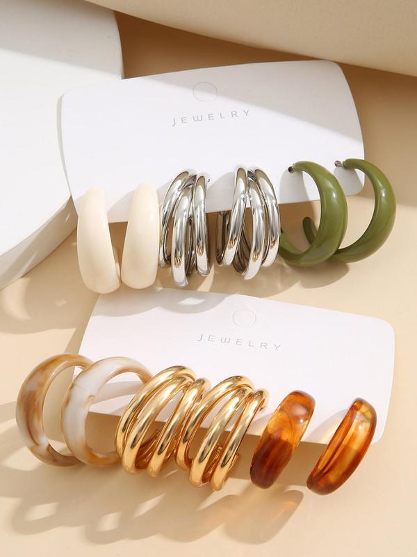 Mixed Shape Resin C-shaped Hoop Earrings Set, Fashion Jewelry Accessories for Women & Girls for Party, Trendy All-match Jewelry for Birthday Gift