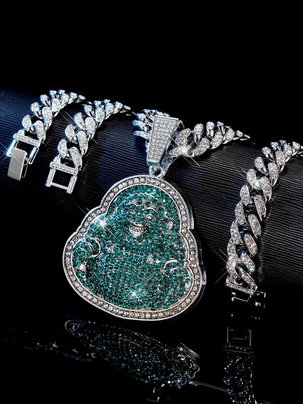 Laughing Buddha Pendant Cuban Necklace & Bracelet, Rhinestone Decor Trendy All-match & Exquisite Jewelry Set for Party, Daily Clothing Decor