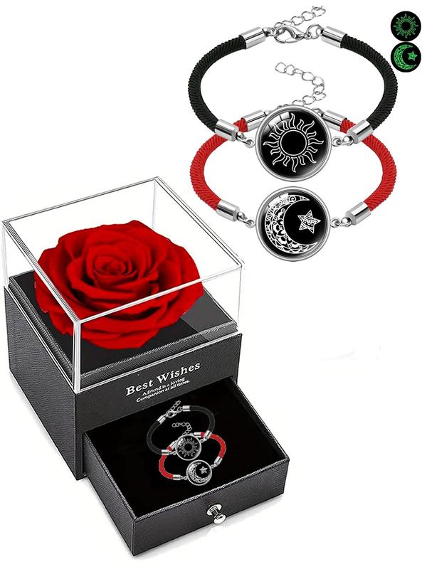 Luminous Sun & Moon Star Decor Bracelets with Rose Gift Box, Fashion Braided Design Bracelets for Women & Men, Trendy All-match & Exquisite Jewelry for Birthday Gift