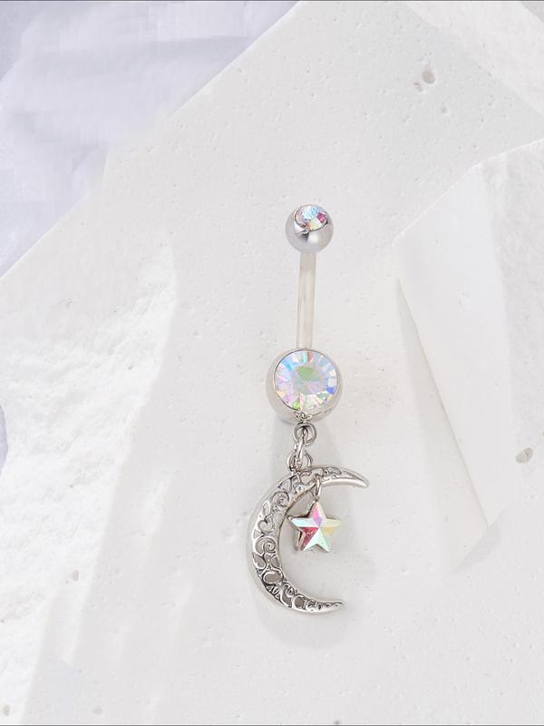 Casual Trendy Stainless Steel Star & Moon Decor Belly Button Ring, Women's Fashionable Body Jewelry for Party & Daily Clothing Decor