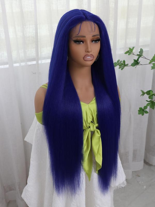 Long Straight Blue Synthetic Lace Front Wigs with Net Cap, Glueless Wigs, Gorgeous Fluffy Wigs Without Bangs, Synthetic Wigs for Party, Daily Use