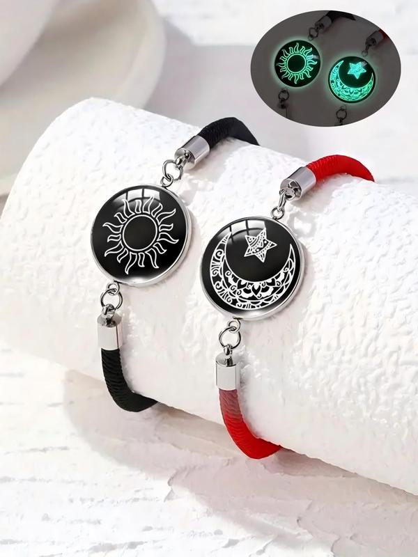 Luminous Sun & Moon Star Decor Bracelets with Rose Gift Box, Fashion Braided Design Bracelets for Women & Men, Trendy All-match & Exquisite Jewelry for Birthday Gift