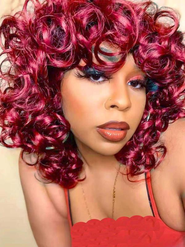 14 Inch Short Curly Wigs for Black Women, Gorgeous Fluffy Wigs with Bangs, Synthetic Full Machine Wigs for Party, Daily Use