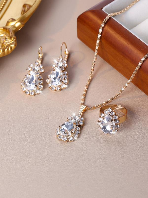 Minimalist Elegant Rhinestone Decorated Jewelry Set, 4pcs set Temperament Water Drop Design Jewelry Set Including Pendant Necklace, Stud Earrings, Ring, Fashion Accessories for Women