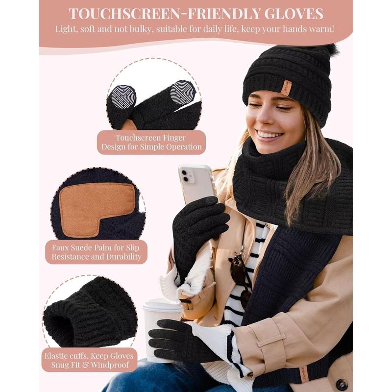 Womens Winter Beanie Scarf Gloves Set, Pom Pom Hat with Warm Fleece Lined Long Knit Scarf Touchscreen Gloves for Cold Weather