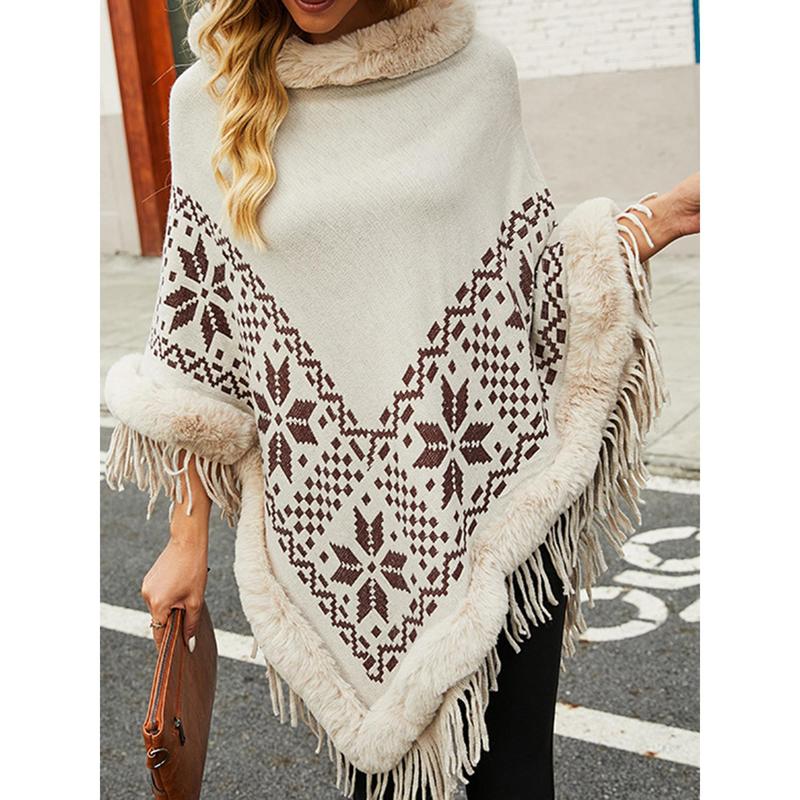 Women's Autumn Winter Poncho Sweater Plush Collar Boho Tassel Cape Knitwear Tops