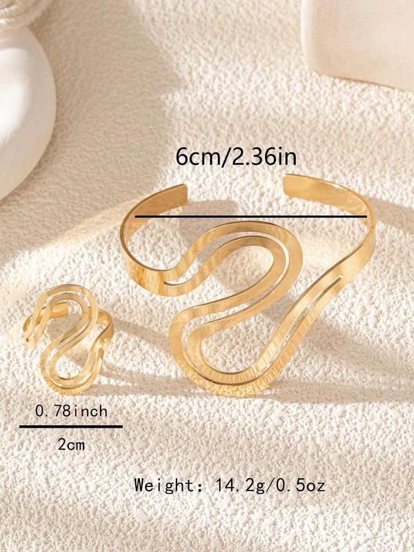 Women's Elegant Minimalist Jewelry Set, 2 Counts set Trendy Vintage Ring & Cuff Bangle Bracelet, Fashion Jewelry Set for Party & Daily Decor for Women & Girls