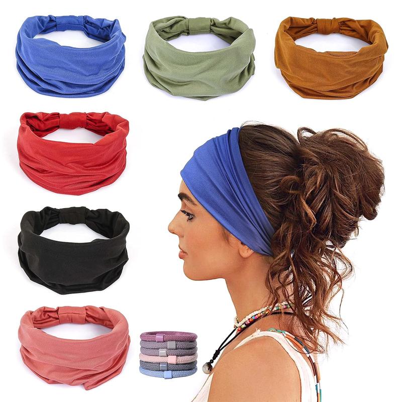 6 Pack Wide Headbands, Non-slip Soft Elastic Hairbands for Women, Yoga Running Sports Fitness Headbands, Knotted Cotton Headbands (Including 6 Headbands, Multi-Color)