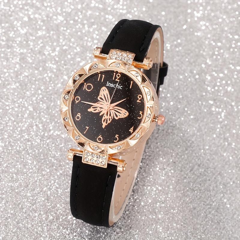 6-Piece Set Fashion Butterfly Quartz Watch with Jewelry Suit-Elegant Rhinestone, Imitation Leather Strap-Christmas, Valentine's Day Perfect Gift for Women,letter necklace