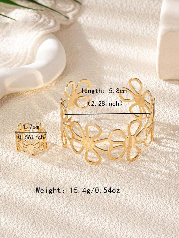 Women's Elegant Minimalist Jewelry Set, 2 Counts set Trendy Vintage Ring & Cuff Bangle Bracelet, Fashion Jewelry Set for Party & Daily Decor for Women & Girls