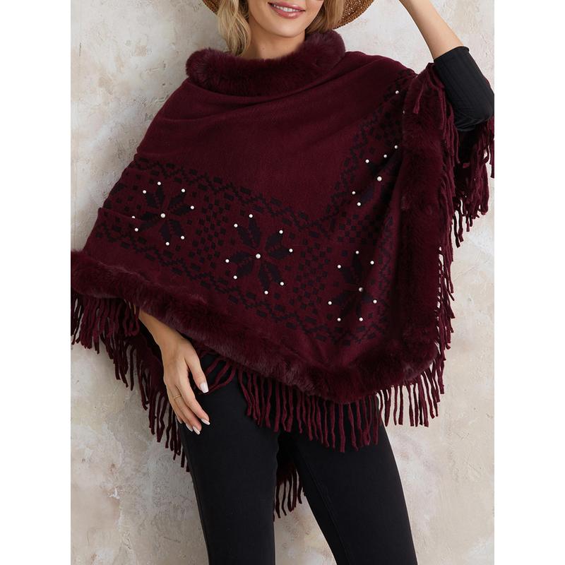 Women's Autumn Winter Poncho Sweater Plush Collar Boho Tassel Cape Knitwear Tops