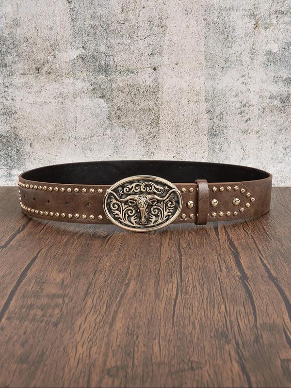 Women's Vintage Cow Head Decorated Rivet Design Western Belt, Fashion Belt for Party, Daily Clothing Decor, Trendy All-match & Exquisite Belt for Birthday Gift