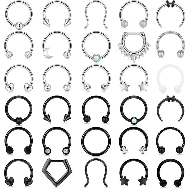 20-30 Pcs Septum Rings 16G Septum Jewelry Surgical Steel Septum Piercings Horseshoe Helix Daith Smiley Tragus Lip Rings Nose Hoop Hinged Seamless Septum Piercing Jewelryfor Women Men