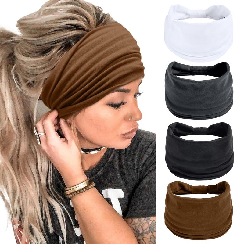 Wide Headbands for Women Black Stylish Head Wraps Boho Thick Hairbands Large Sport Yoga Turban Headband Hair Accessories (Pack of 4)