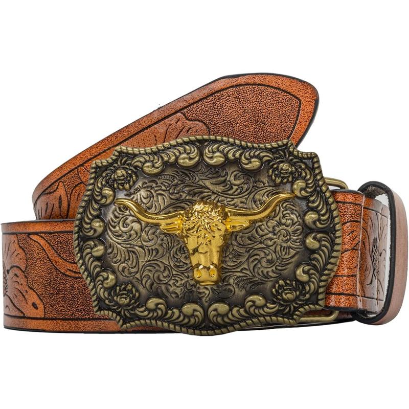 Western PU-Leather Cowboy Buckle Belt for Men and Women Jeans Engraved Floral Longhorn Bull Buckle Belt (27-40" waist)