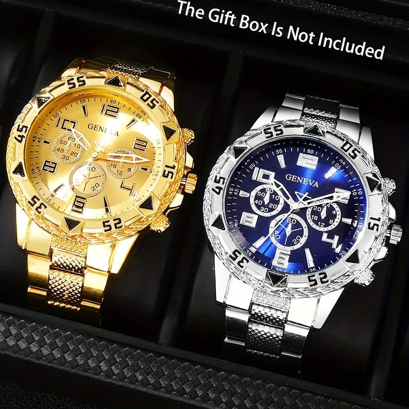 3pc 2pc Geneva Quartz Watch Set for Men - Cool and Handsome Style, Round Dial, Non-Waterproof, Stainless Steel Strap, Zinc Alloy Case, Electronic Movement - Ideal Gift for Valentine's, Easter, Ramadan, Birthdays, Christmas, Eid Al-Adha