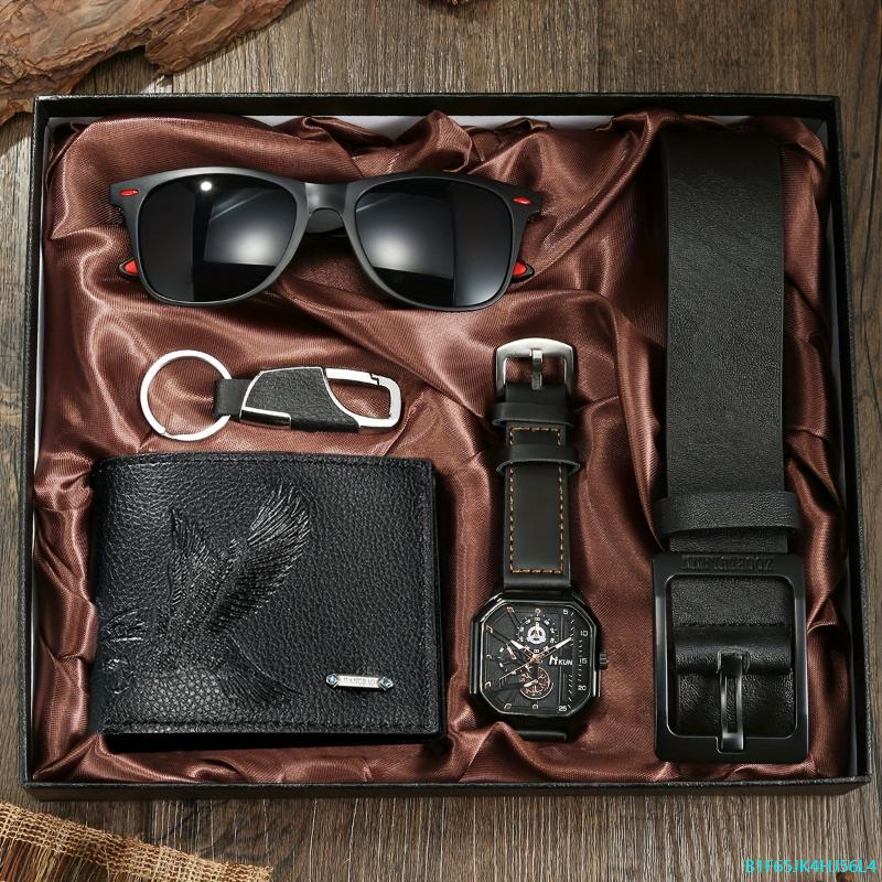 5pcs set, Men's Fashion Watch & Belt & Keychain & Glasses & Wallet Gift Box Set